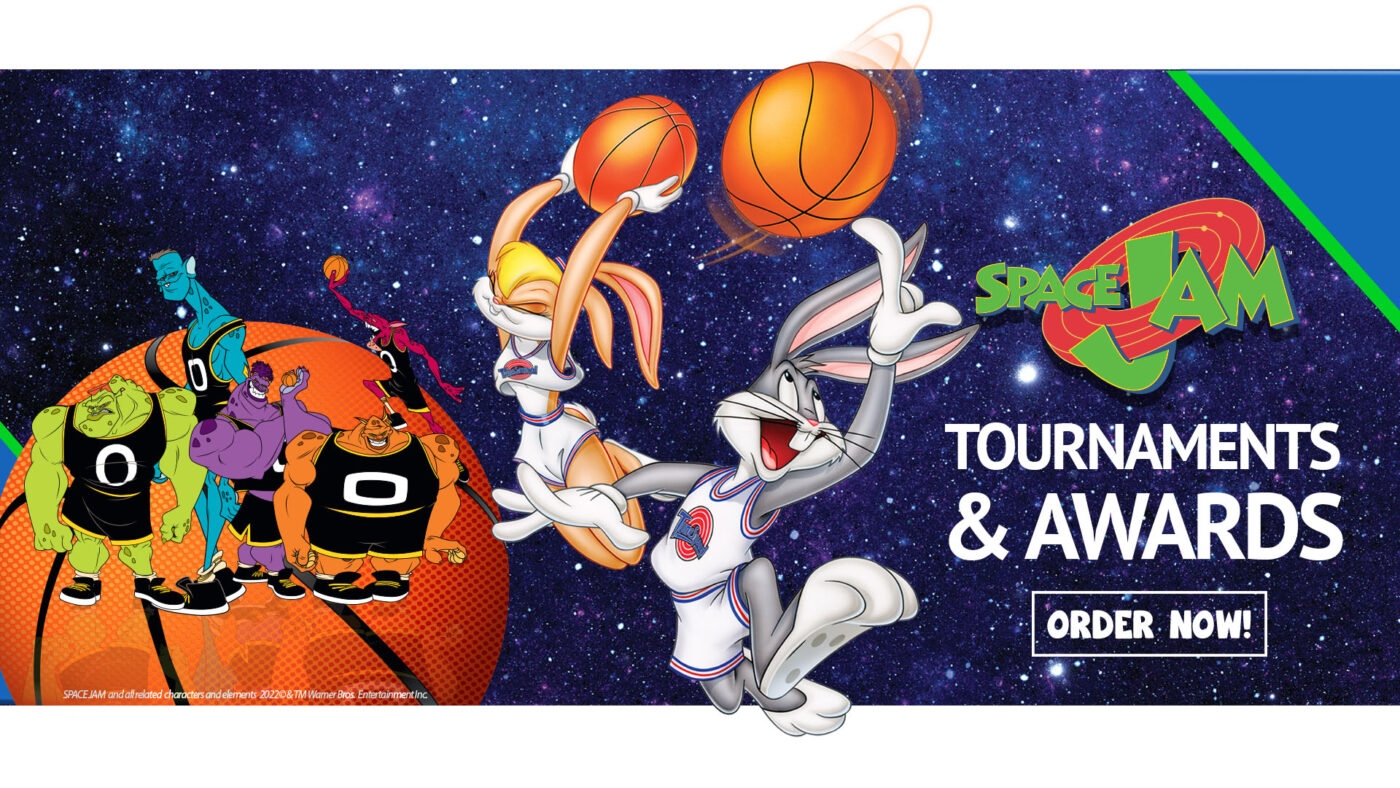 Space Jam characters promote youth sports event themes with tournament prizes and awards.